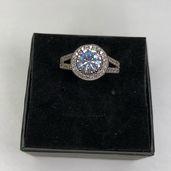 Silver Moissanite Solitaire Micro Pave Ring - Picture 3 of 8